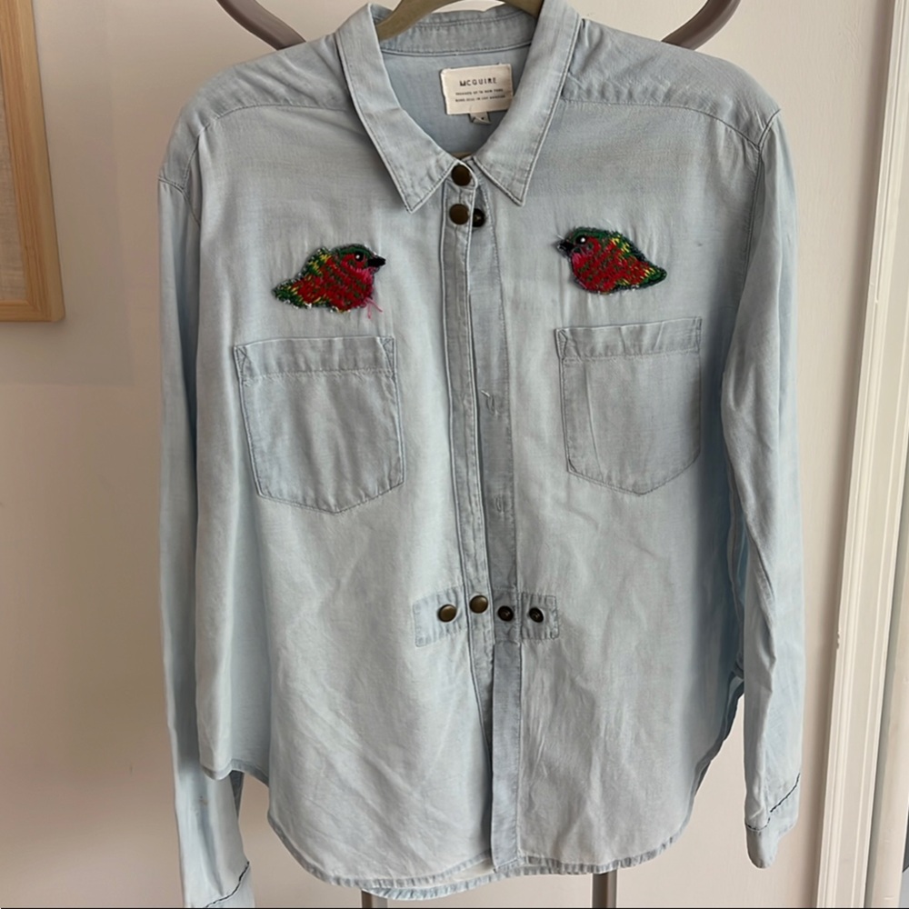 McGuire Denim Light Blue Button Down Shirt with Embroidered Birds